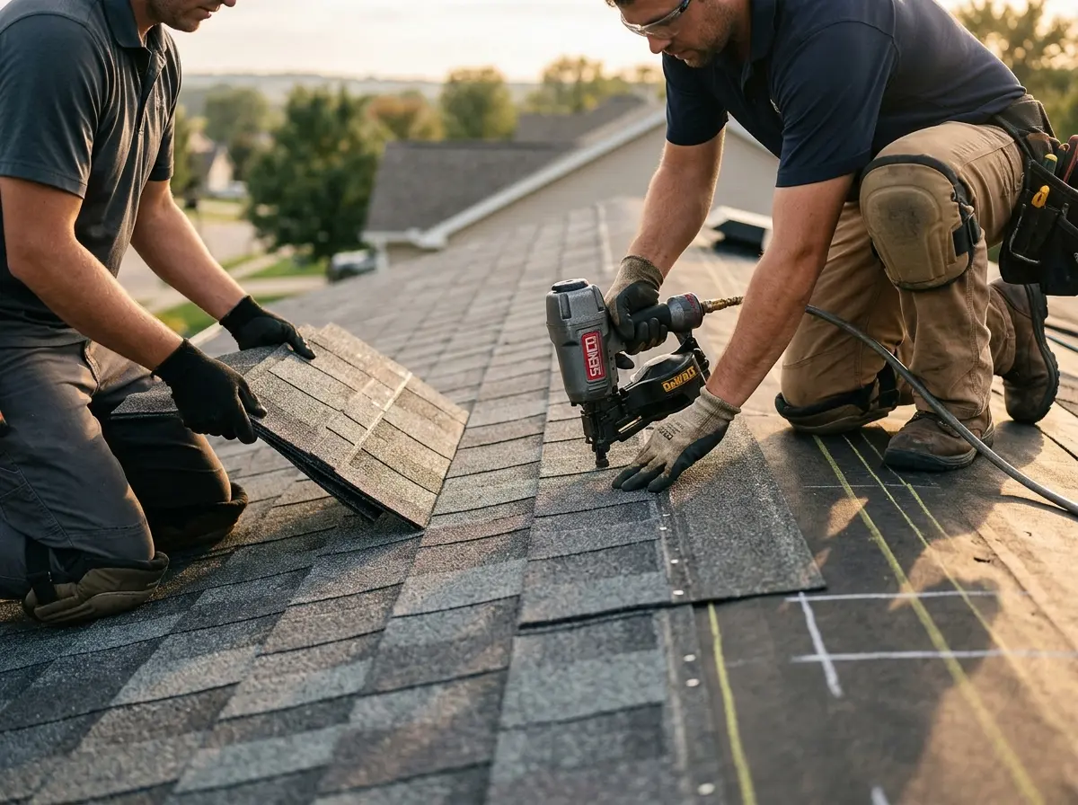 Professional roofer working on a residential roof in Topsham